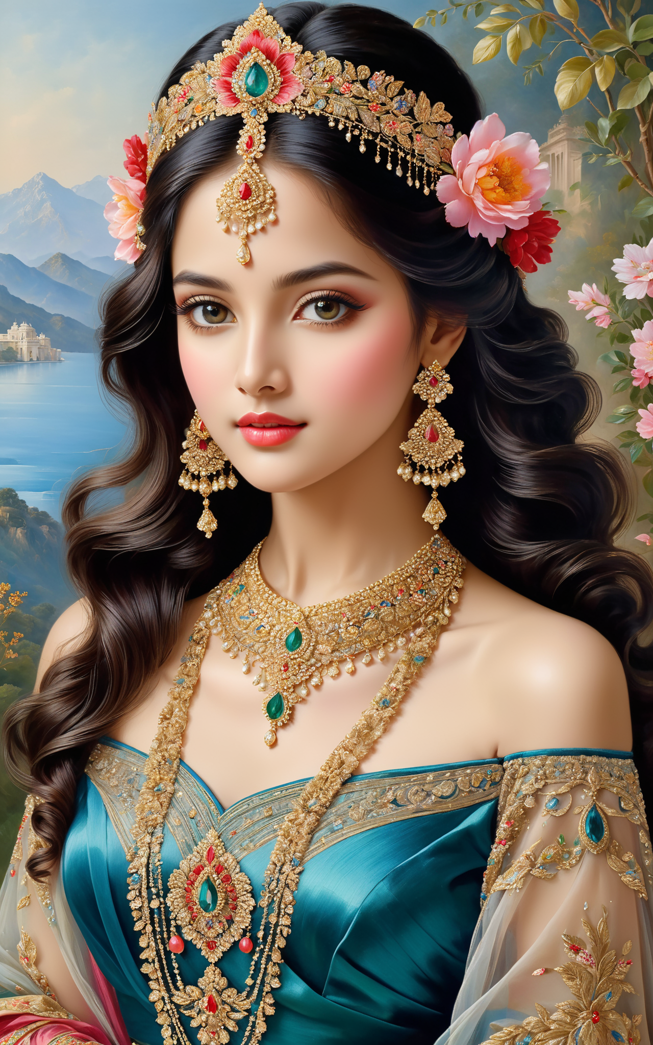 05179-1206387570-This captivating painting portrays a resplendent young woman adorned with an array of exquisite embellishments. Her ethereal bea.png